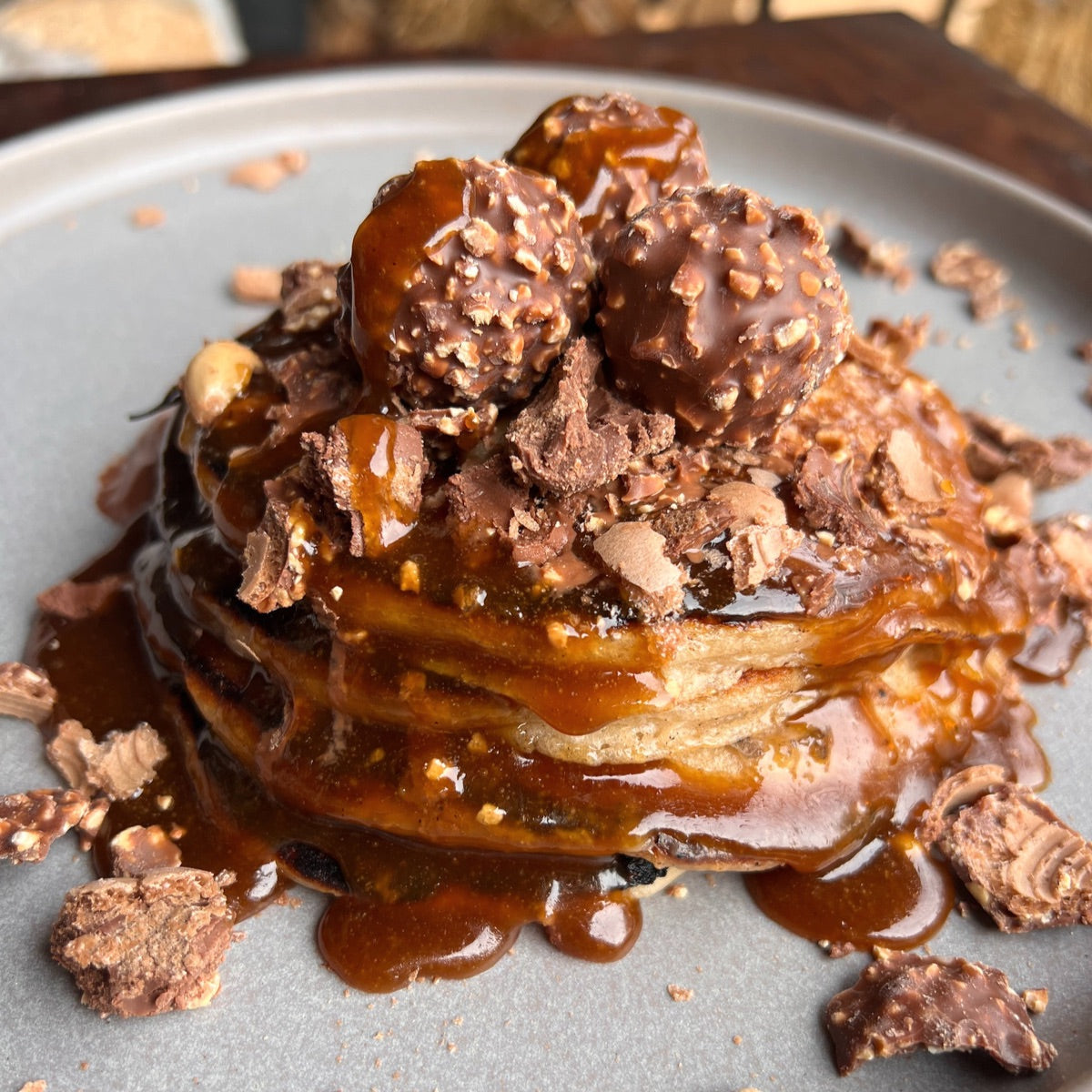 Ferrero Rocher pancakes with homemade caramel sauce
