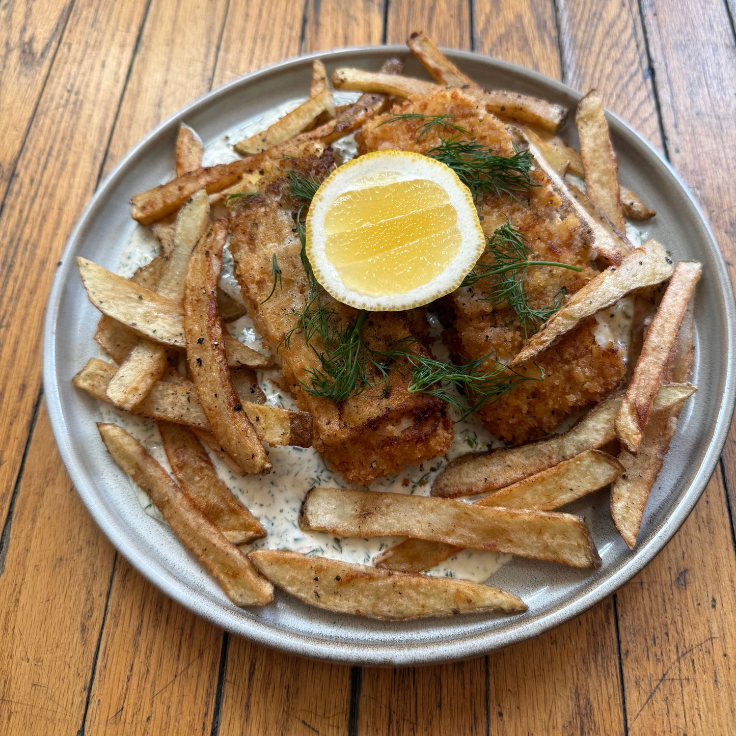 fried and smoked fish and chips with tartar sauce