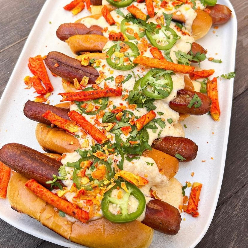 all beef hot dog platter with smoked queso fundido