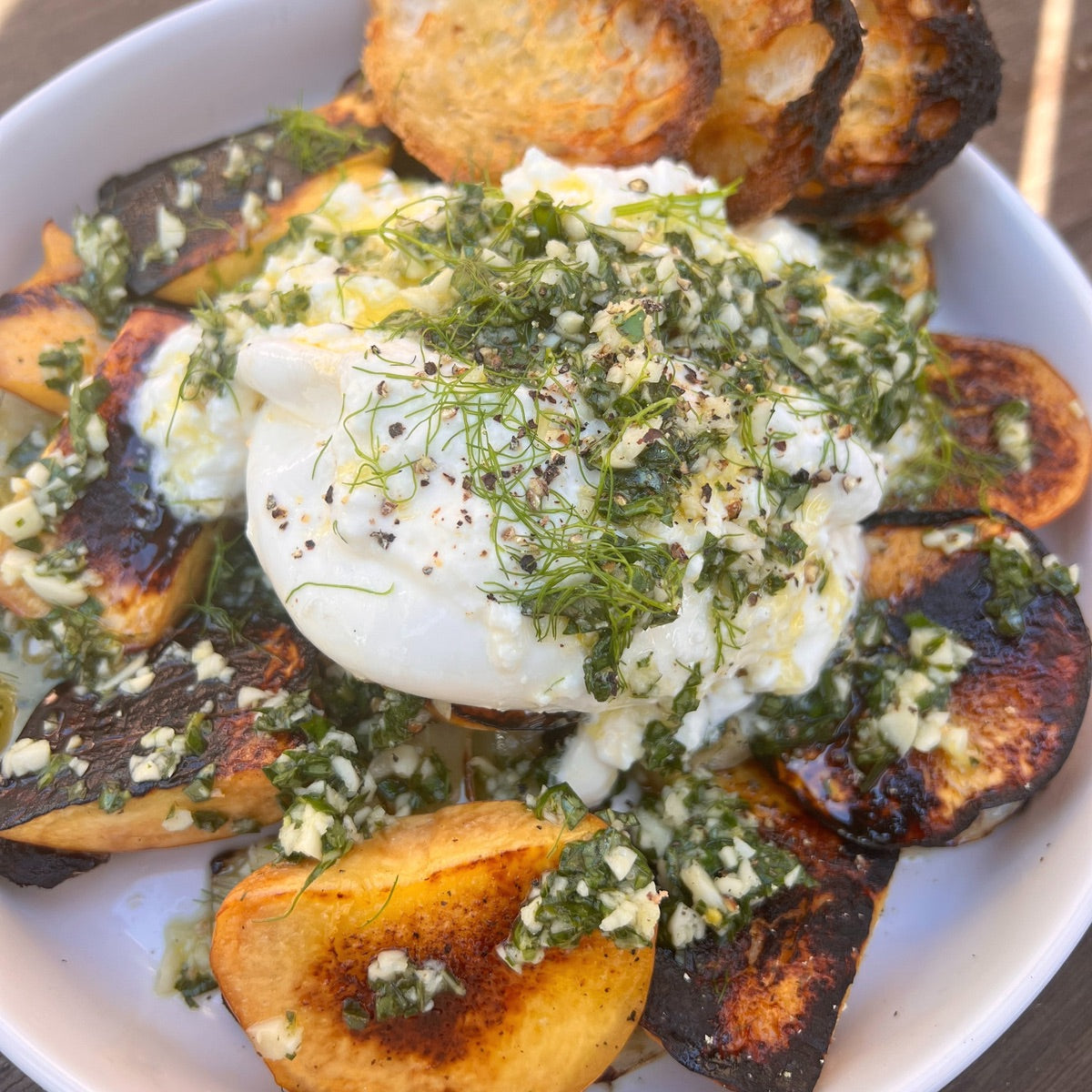 grilled peaches and fennel with burrata, gremolata and toasted bread