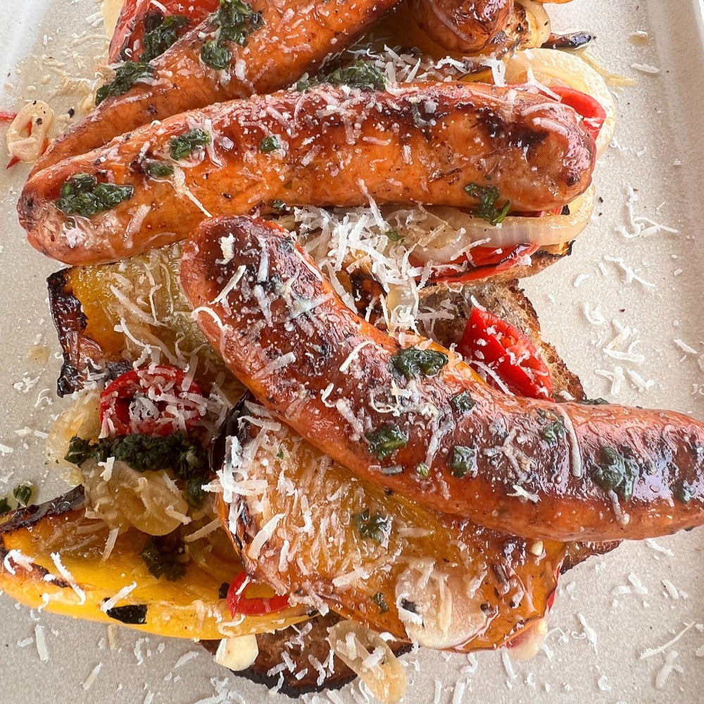 smoked Italian sausage and grilled vinegar peppers