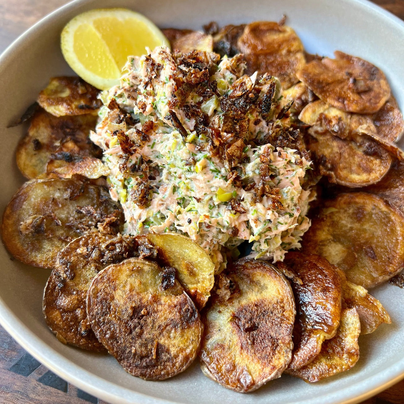 hot smoked trout dip with hand made potato chips