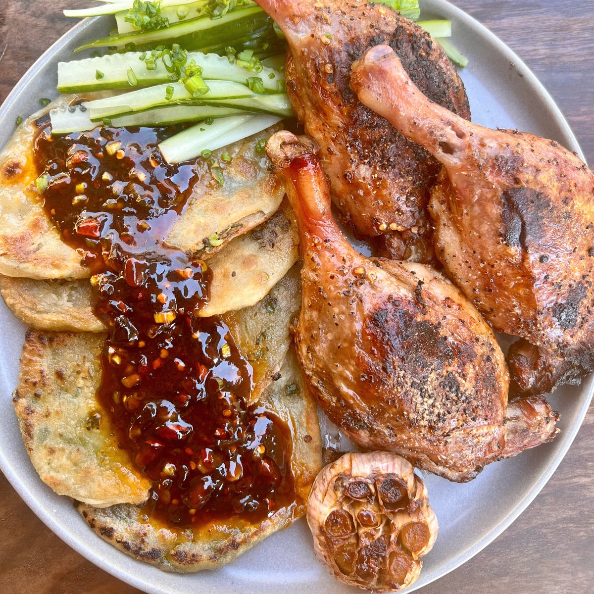 smoked duck confit and scallion pancakes 