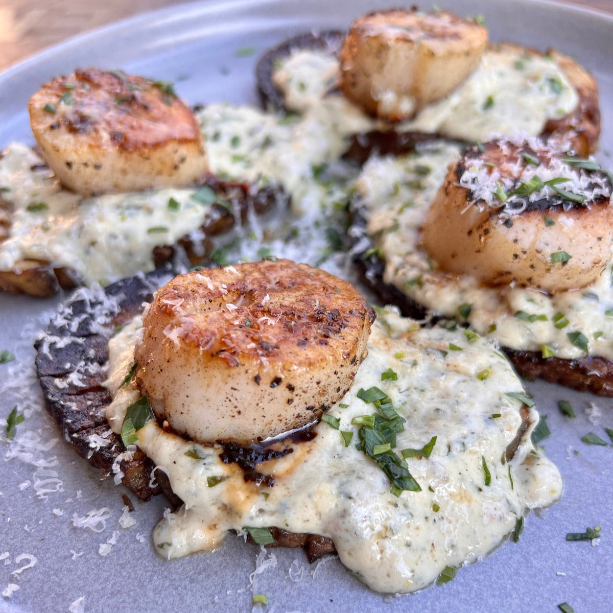 seared scallops gratin with criss-cross potatoes
