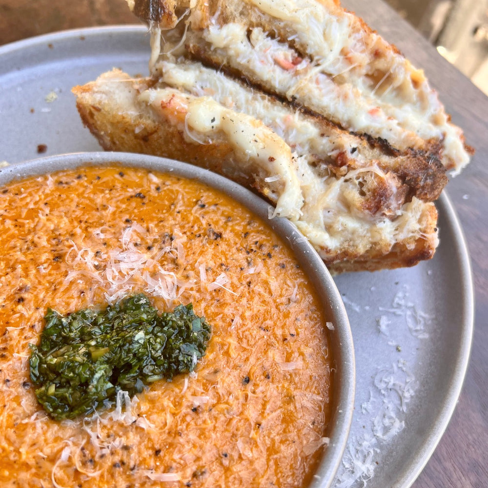 smoked tomato soup with crab grilled cheese