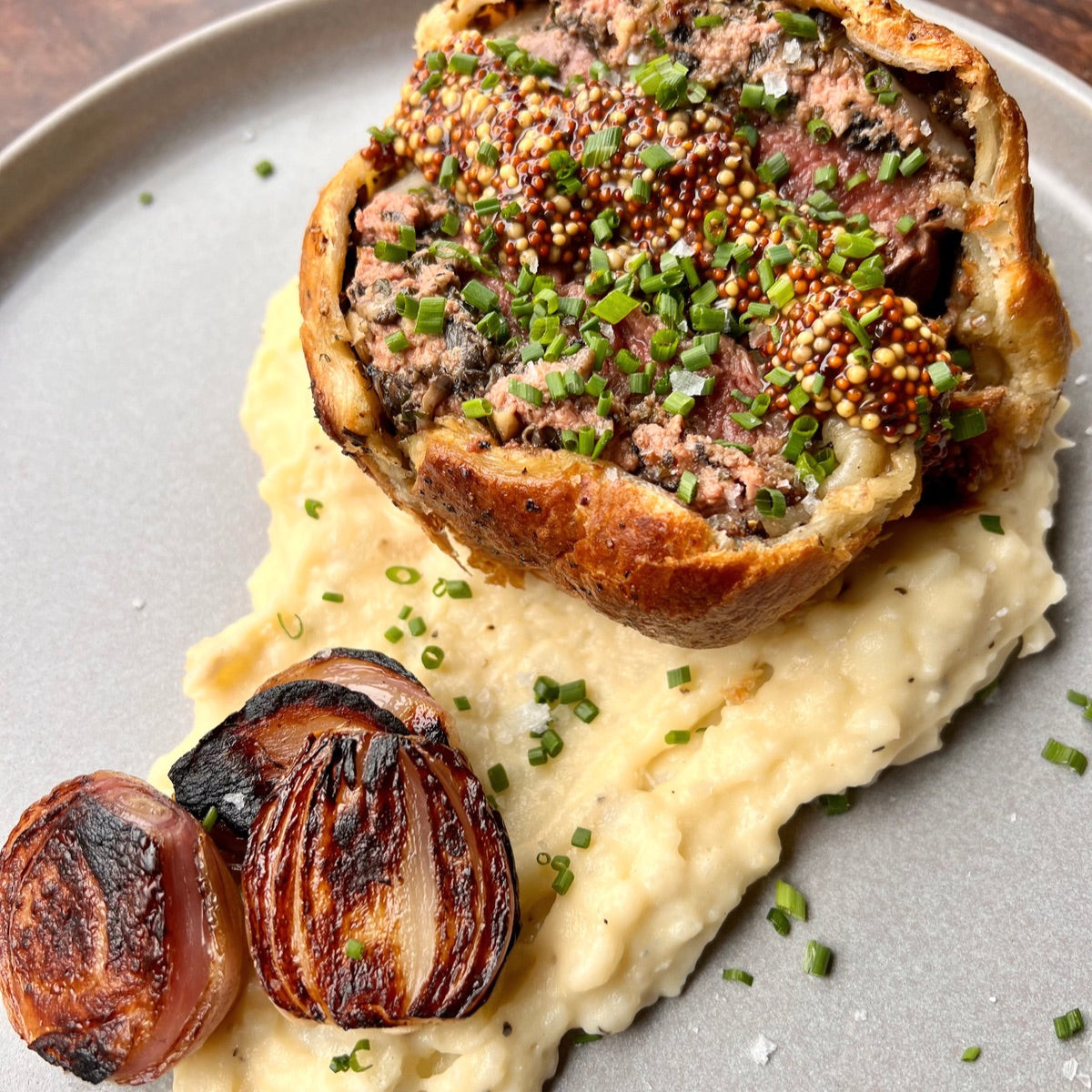 smoked beef Wellington with gorgonzola mashed potatoes