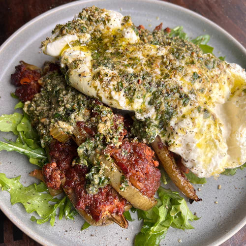 smoked Italian sausage stuffed peppers with burrata and pesto cream