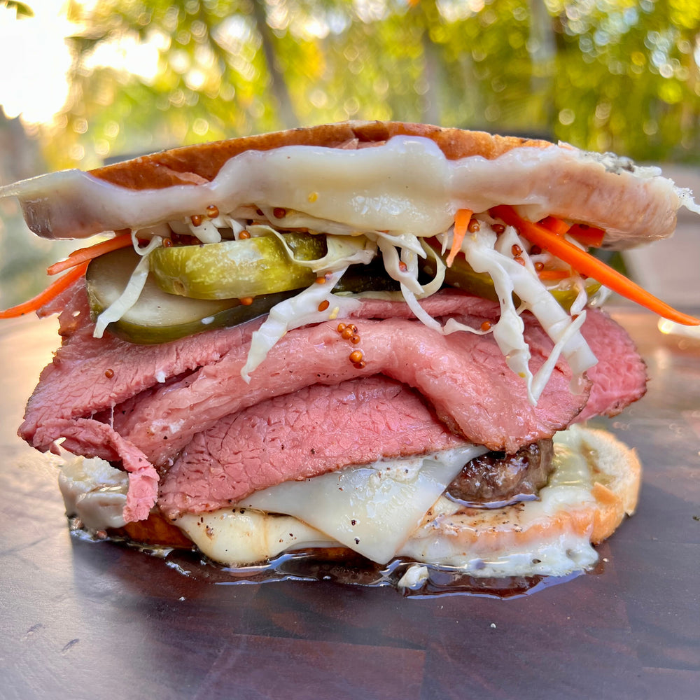 smoked meat patty melt with flame broiled thick cut burger