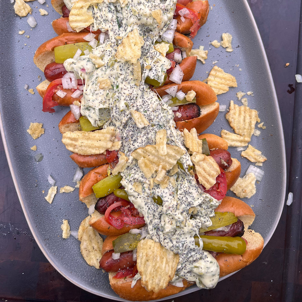 Chicago-style hot dogs with dill pickle dip