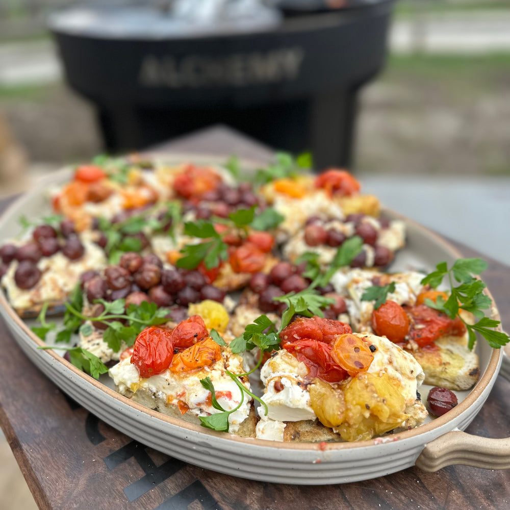 smoked tomato and grape focaccia toasts