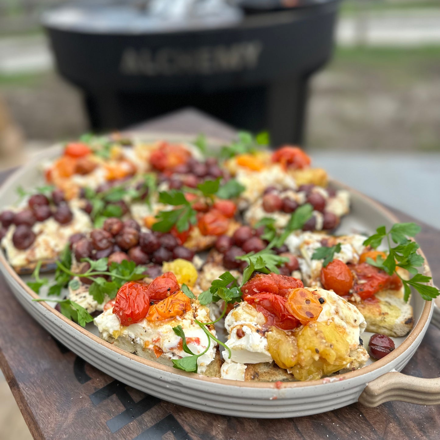 smoked tomato and grape focaccia toasts