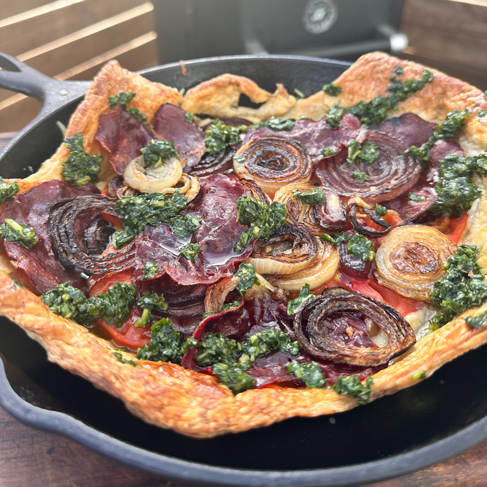 onion tartlet with tomatoes, grilled onion and gruyere cheese