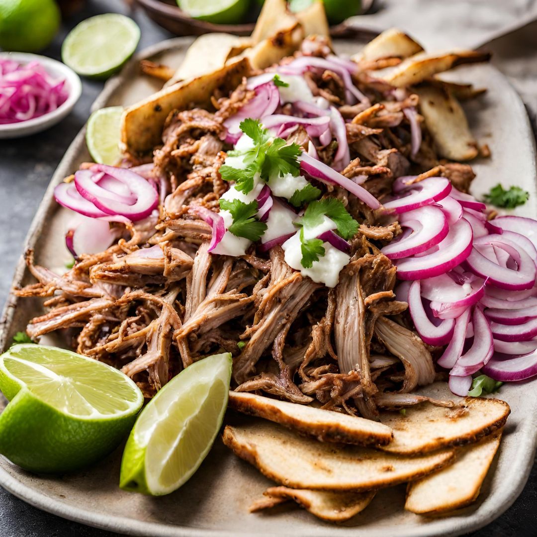 a platter of smoked pulled pork carnitas with pickled red onion and lime wedges