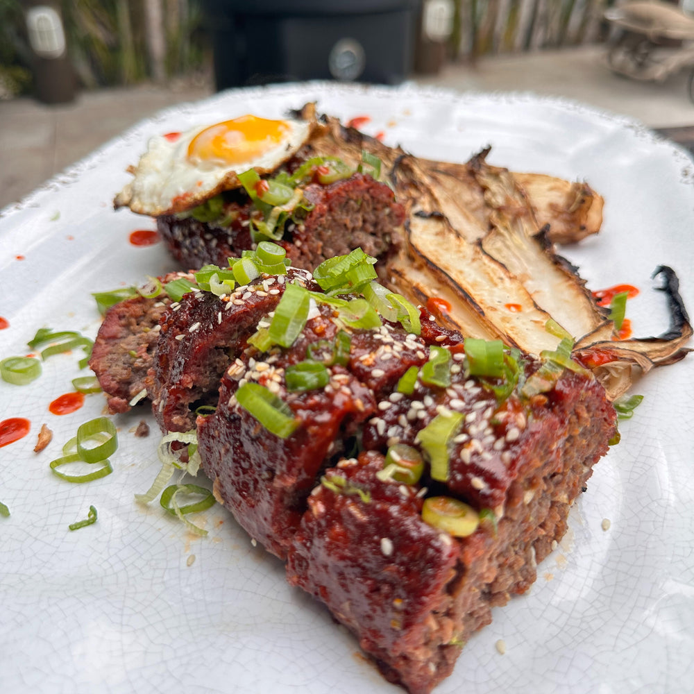 smoked Korean style meatloaf with charred miso cabbage