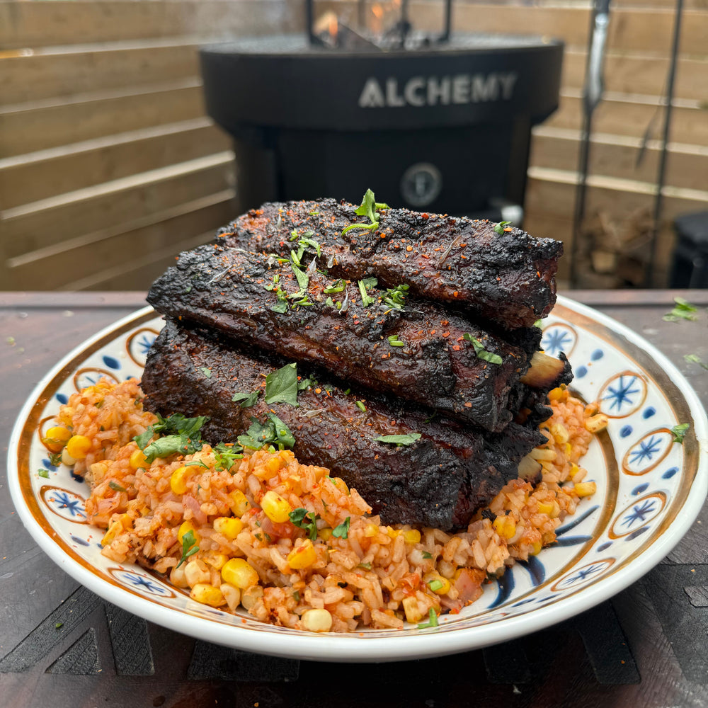 smoked asado-style chipotle honey ribs with Mexican rice