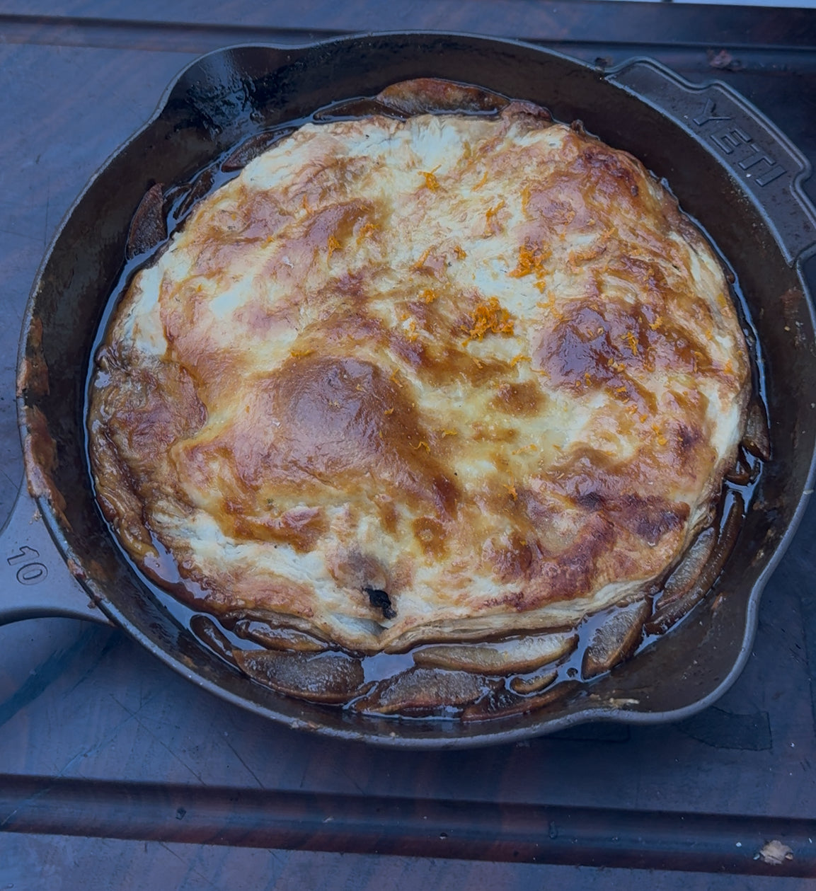 smoked apple pot pie in a Yeti cast iron pan